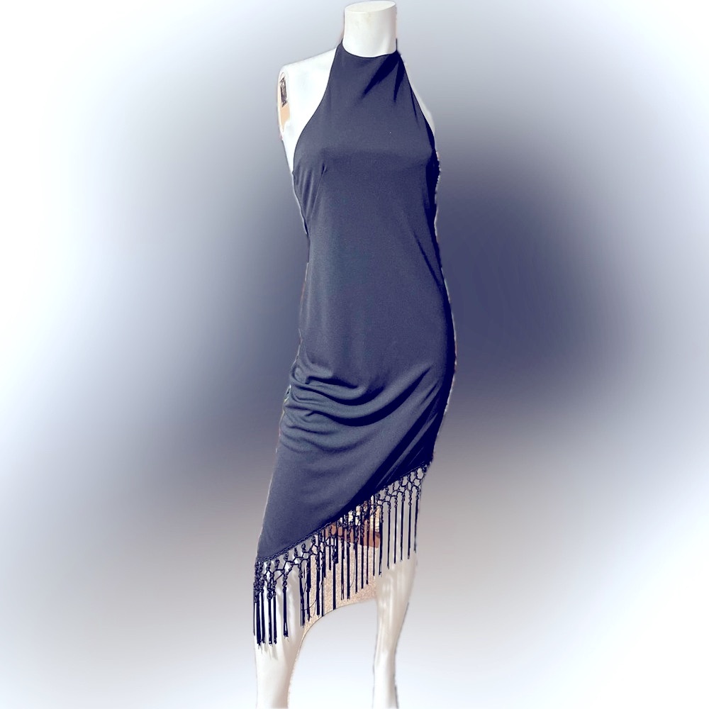 White House Black Market black halter asymmetric fringe lined party  dress EUC